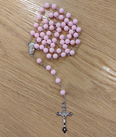 Rosary 001: Large Pink Beads with Mary and Jesus centre
