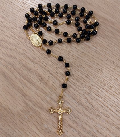 Rosary 020: Black with oval Miraculous Medal centre